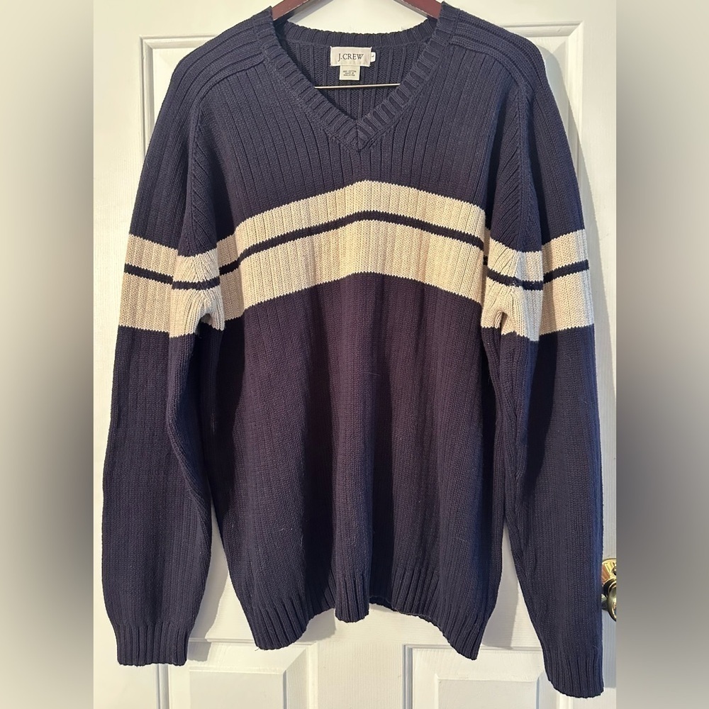 J. CREW Authentic Vntg Y2K L Navy COTTON Ribbed Stripe V Neck Varsity Ribbed NEW